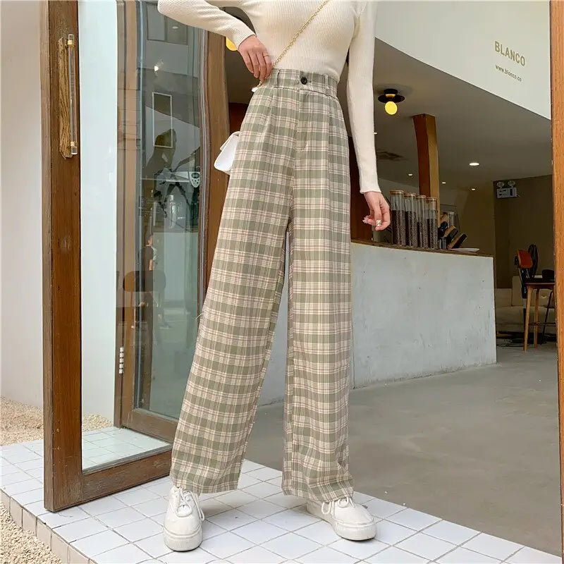 Casual Plaid Retro Aesthetic Loose Pants for Everyday Wear