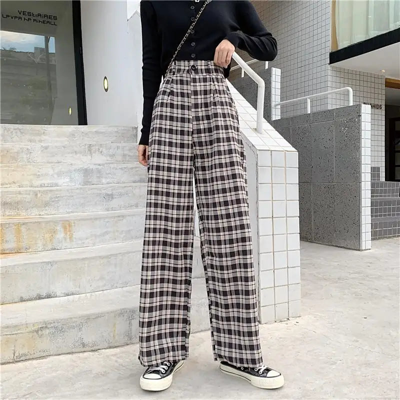 Casual Plaid Retro Aesthetic Loose Pants for Everyday Wear