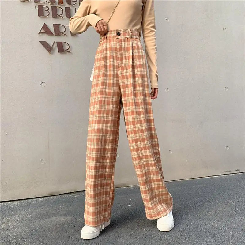 Casual Plaid Retro Aesthetic Loose Pants for Everyday Wear