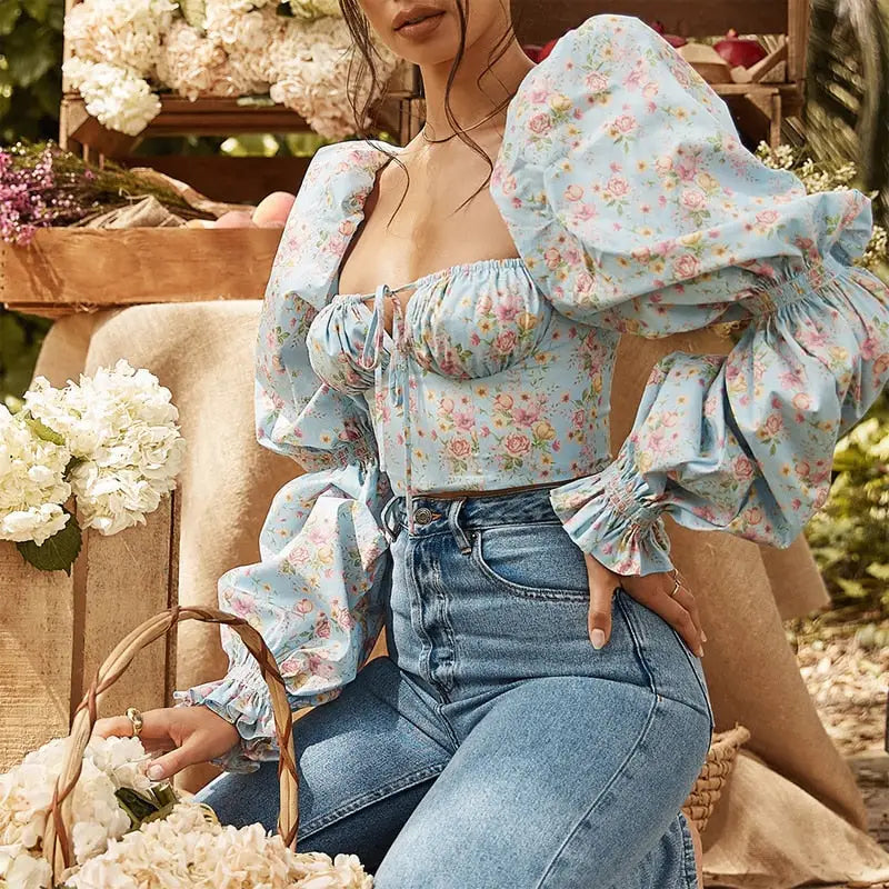 Casual Puff Sleeve Corset Blouse Blue / S