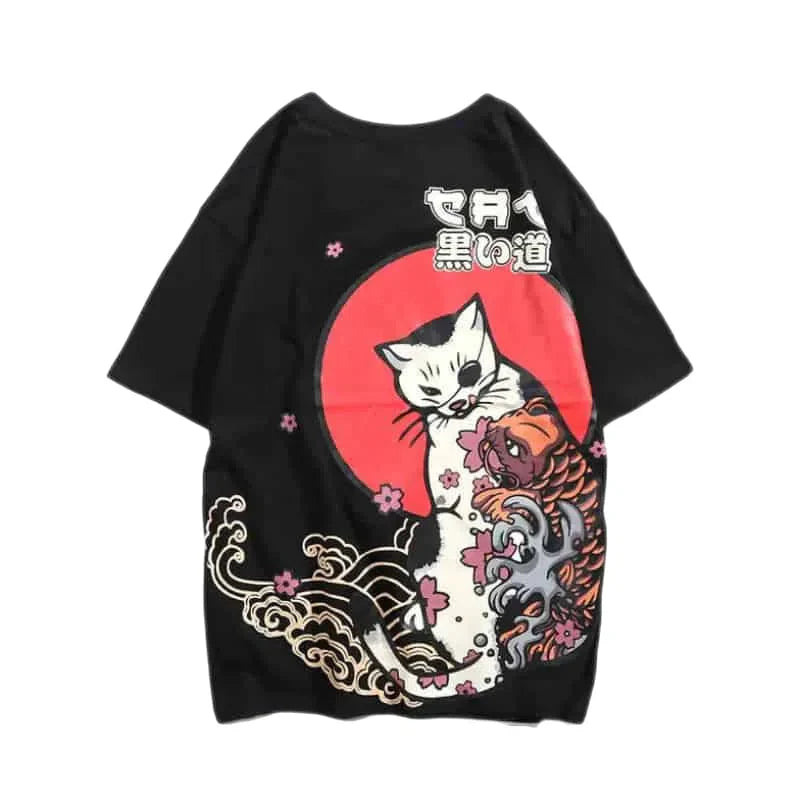 Cat and Koi Asian Street Design T Shirt 1920 Black / S