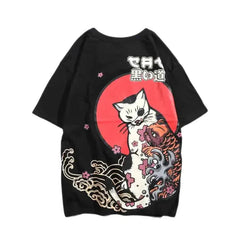 Cat and Koi Asian Street Design T Shirt 1920 Black / S