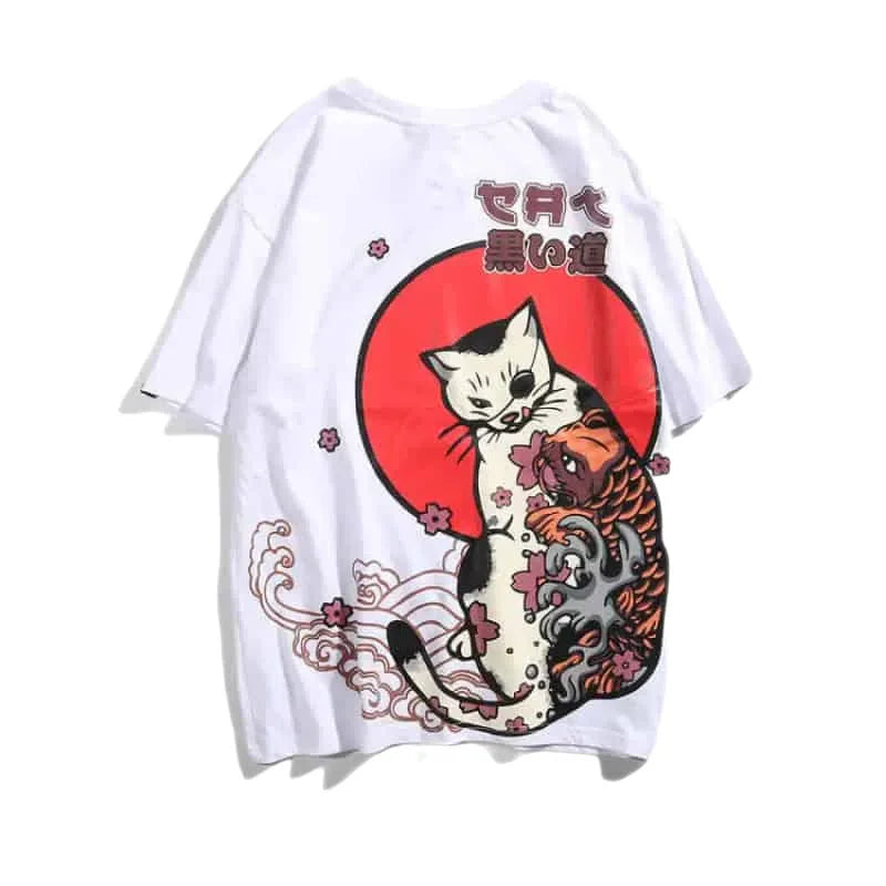 Cat and Koi Asian Street Design T Shirt 1920 White / S