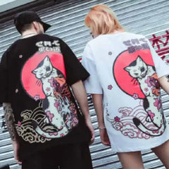 Cat and Koi Asian Street Design T Shirt