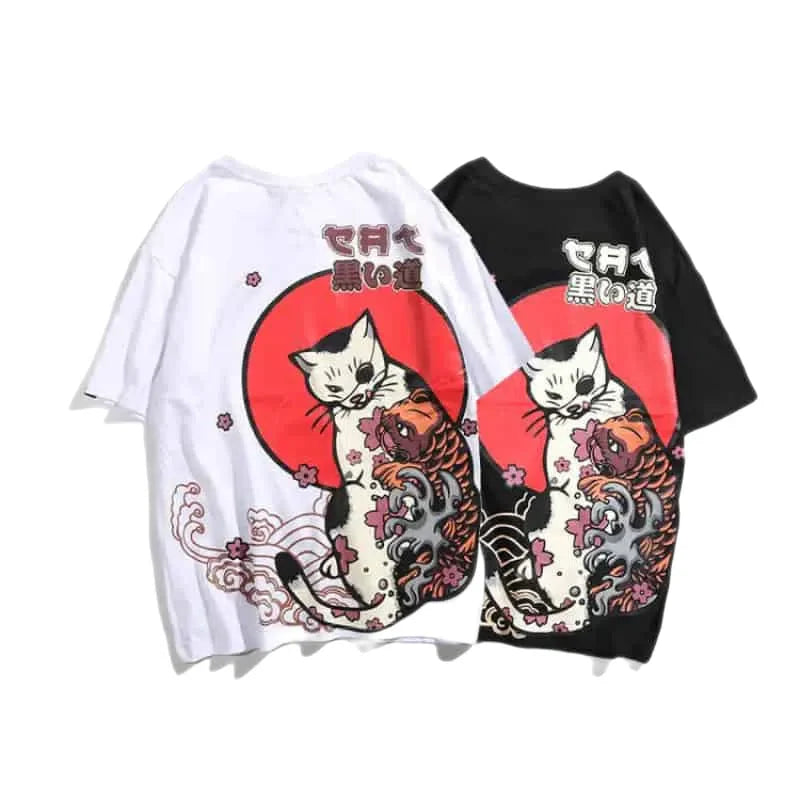 Cat and Koi Asian Street Design T Shirt