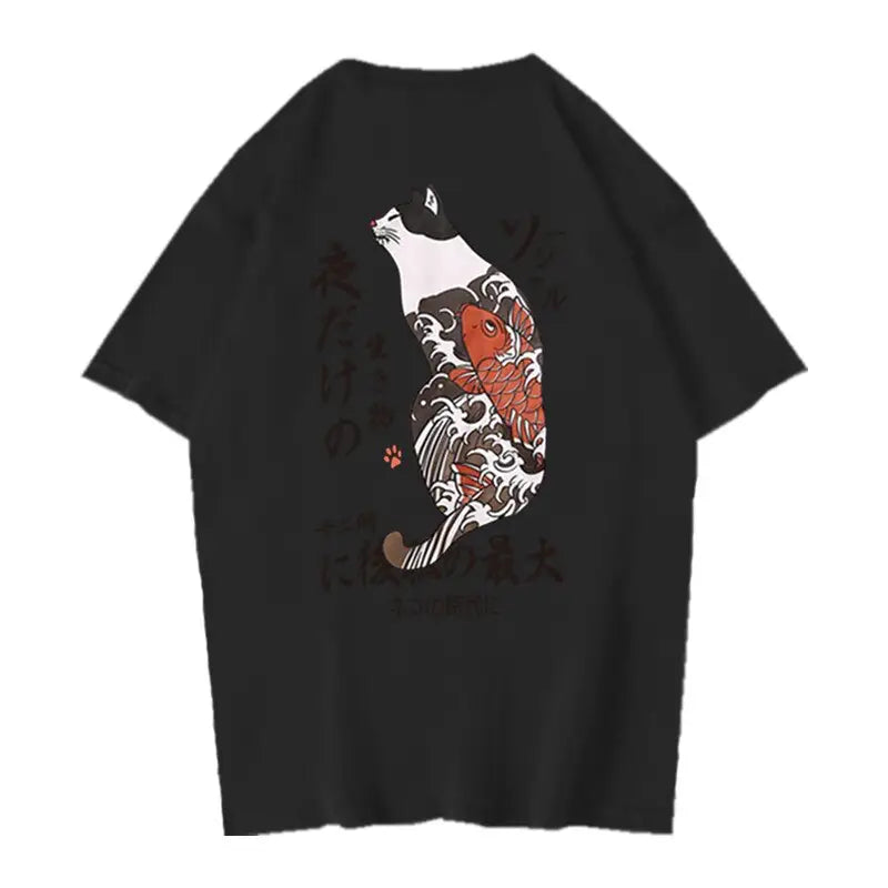 Cat and Koi Fish Japan Style Tshirt - 1 Black / S - T-Shirt
