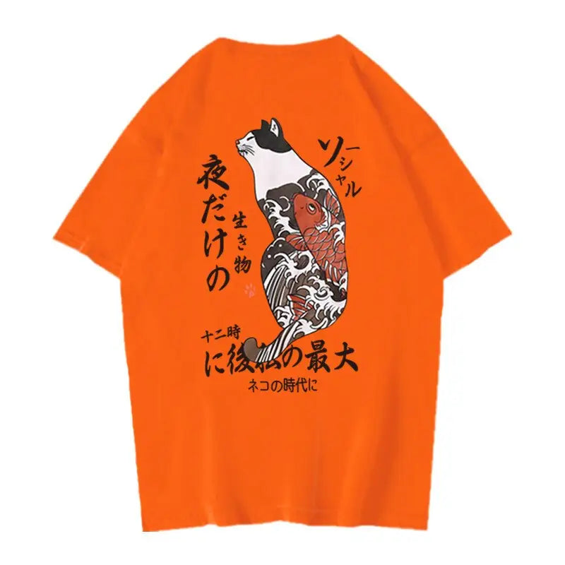 Cat and Koi Fish Japan Style Tshirt - 2 Orange / XXL