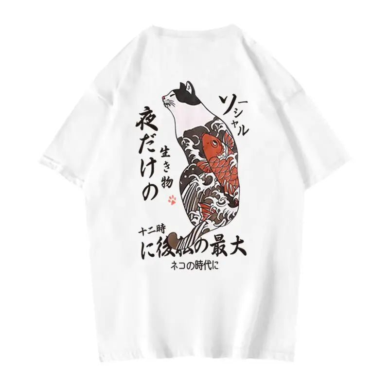 Cat and Koi Fish Japan Style Tshirt - 3 White / L - T-Shirt