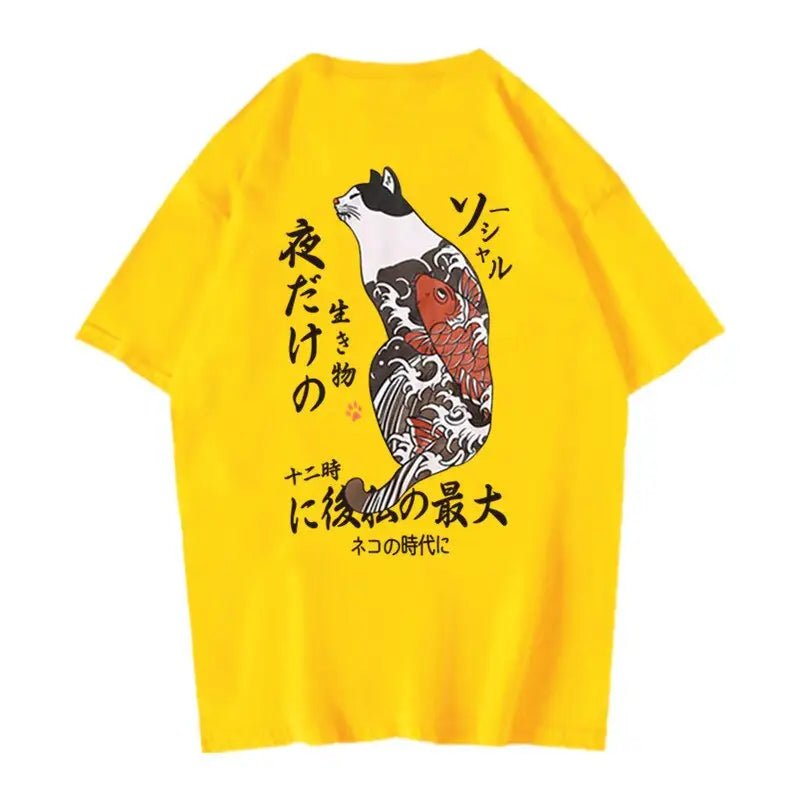 Cat and Koi Fish Japan Style Tshirt - 4 Yellow / L - T-Shirt