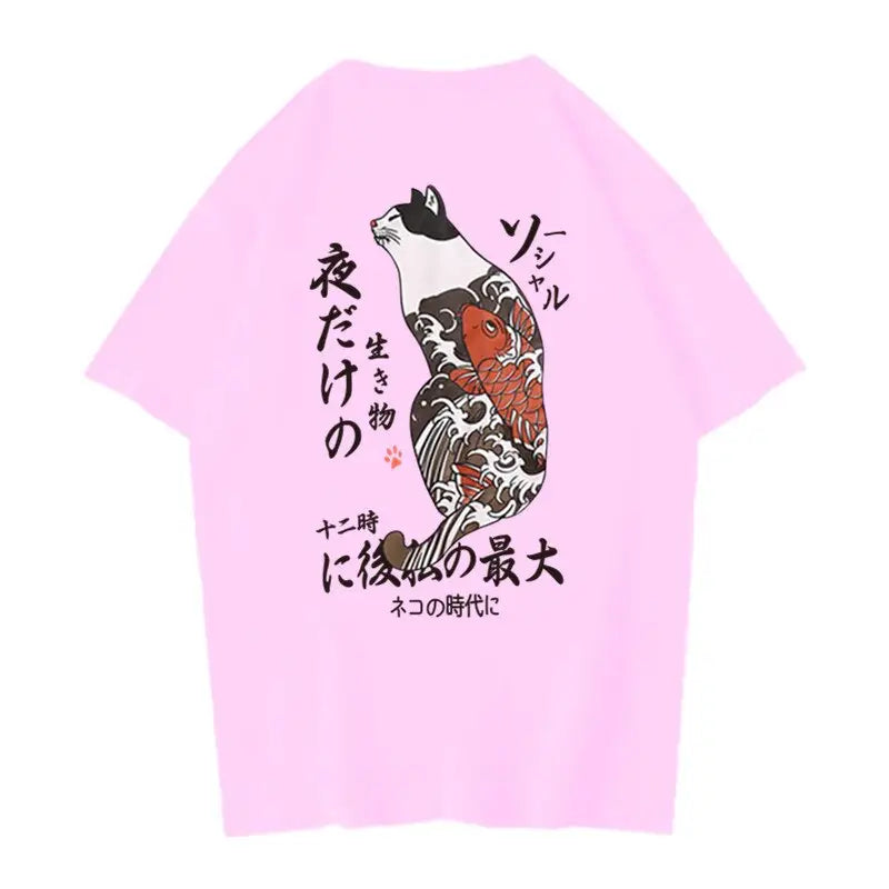 Cat and Koi Fish Japan Style Tshirt - 5pink / M - T-Shirt