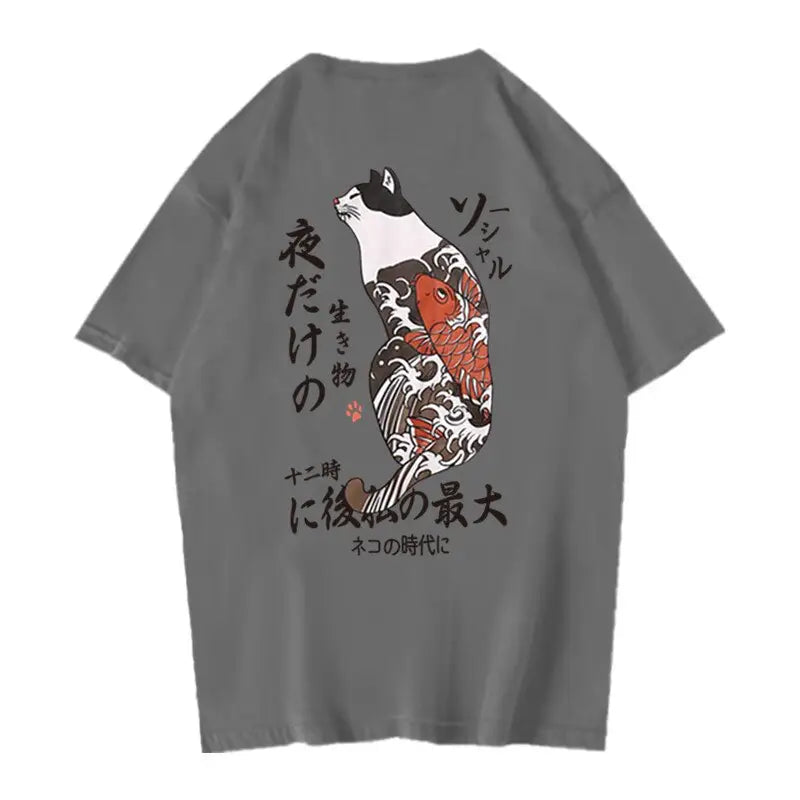 Cat and Koi Fish Japan Style Tshirt - 6Dark gray / XS