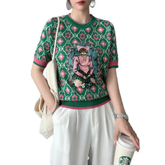 Cat Embroidered Crew Neck Sweater for Women