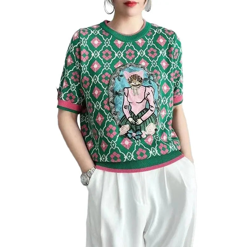 Cat Embroidered Crew Neck Sweater for Women Green / S