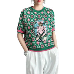 Embroidery Cat Round Neck T-Shirt - Green / S