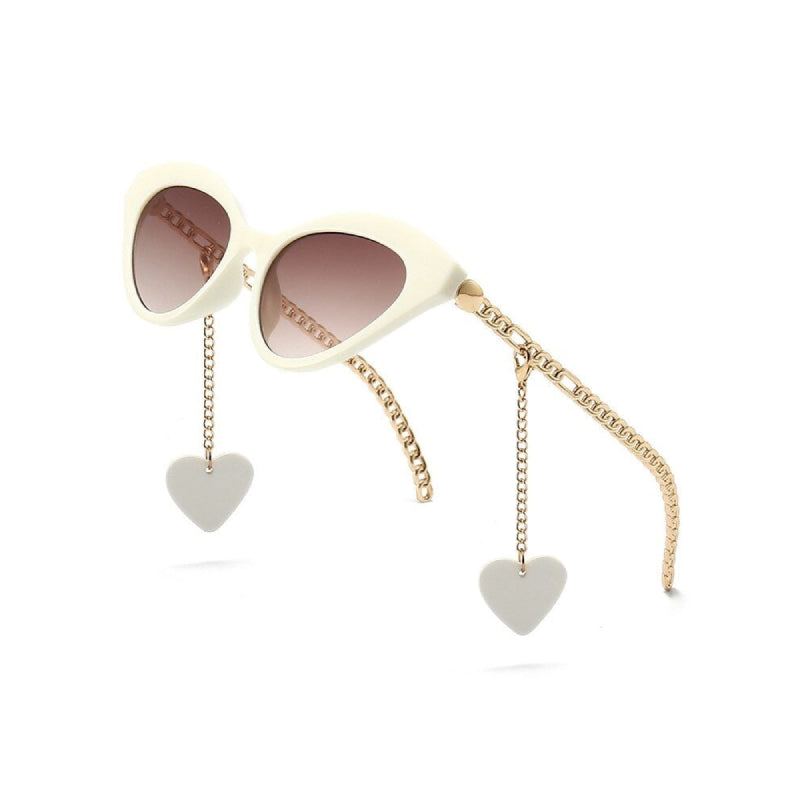 Cat Eye Sunglasses With Chain Legs Detachable Heart - White