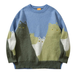 Cat Knitted Pullover Sweater - Blue / S