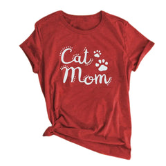 Cat Mom Printed T-Shirt - Red / S - T-shirts