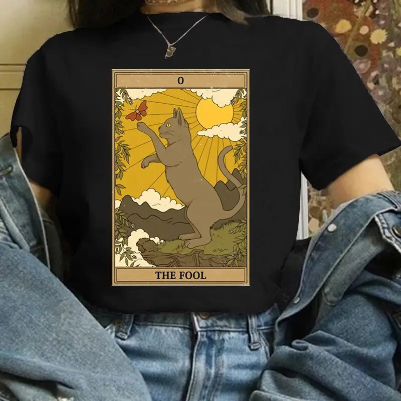 Cat Tarot Card Black T-Shirt - S