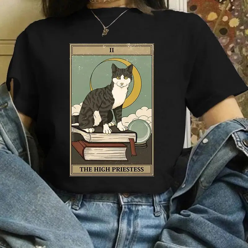 Cat Tarot Card Black T-Shirt - White / S