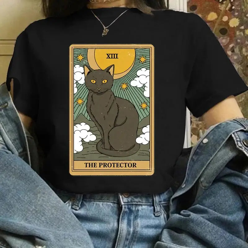 Cat Tarot Card Black T-Shirt - Yellow / S