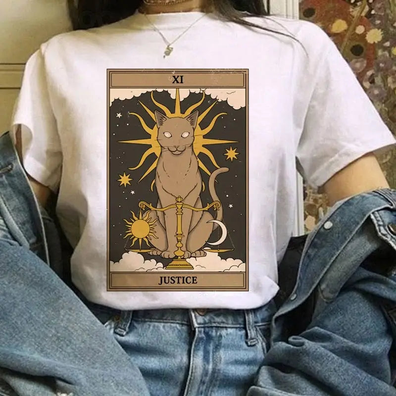 Cat Tarot Card White T Shirt Polyester