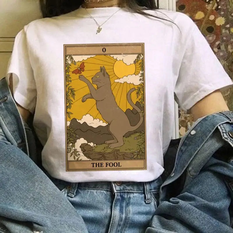 Cat Tarot Card White T Shirt Polyester