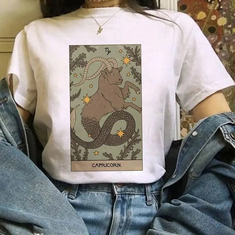 Cat Tarot Card White T Shirt Polyester Capricorn / S