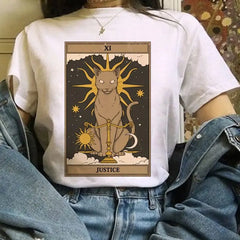 Cat Tarot Card White T Shirt Polyester Justice / S
