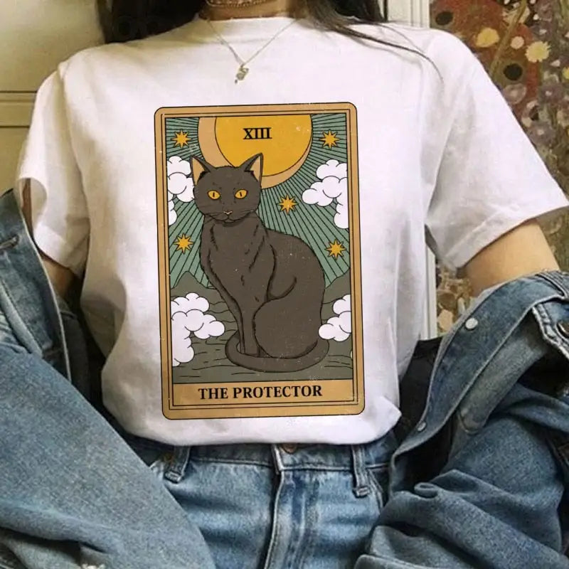 Cat Tarot Card White T Shirt Polyester The Protector / S