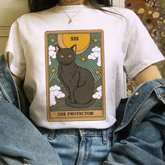 Cat Tarot Card White T Shirt Polyester The Protector / S
