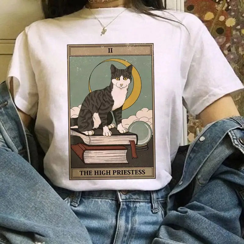 Cat Tarot Card White T-Shirt - The High Priestess / S