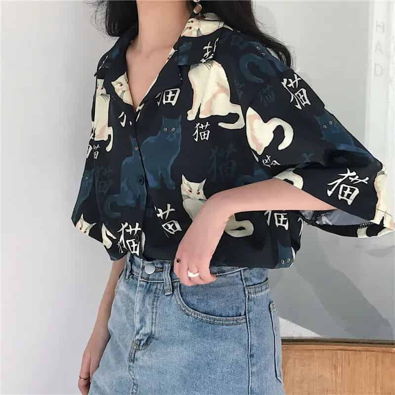 Cats Vintage Loose Short Sleeve Shirt