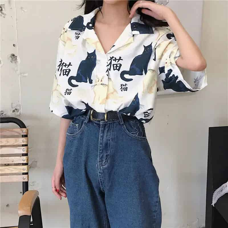 Cats Vintage Loose Short Sleeve Shirt - Shirts