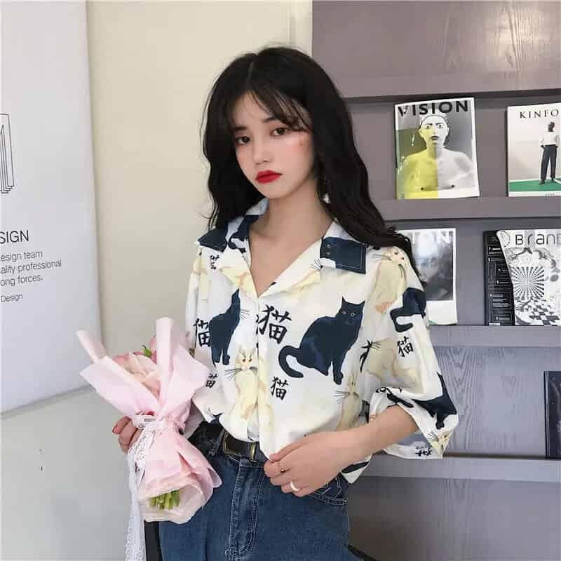 Cats Vintage Loose Short Sleeve Shirt - Shirts