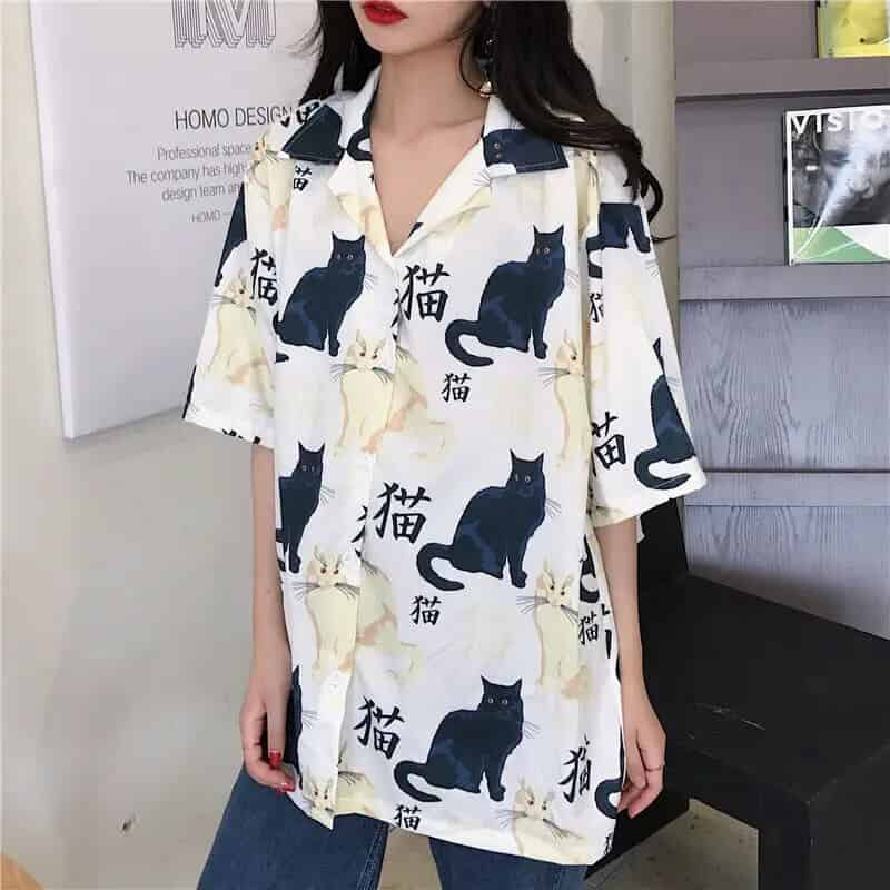 Cats Vintage Loose Short Sleeve Shirt - Shirts