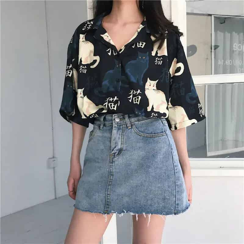 Cats Vintage Loose Short Sleeve Shirt - Shirts