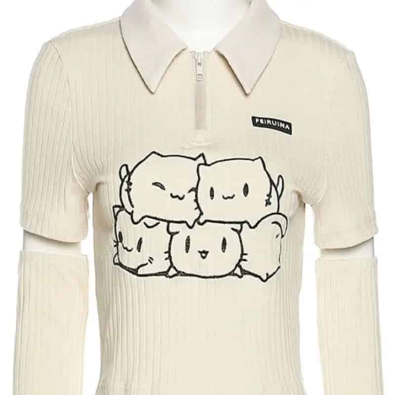 Cats Zipper Neck Detachable Long Sleeve Crop Top