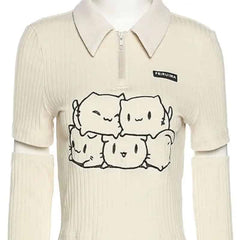 Cats Zipper Neck Detachable Long Sleeve Crop Top