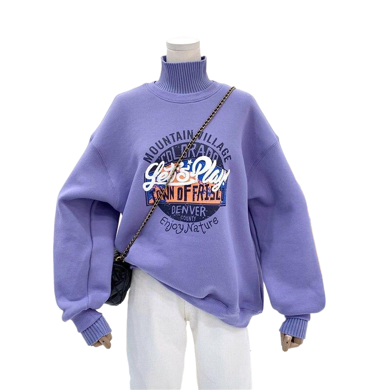 High Neck Letter Print Thick Warm Sweatshirt - Purple / S -