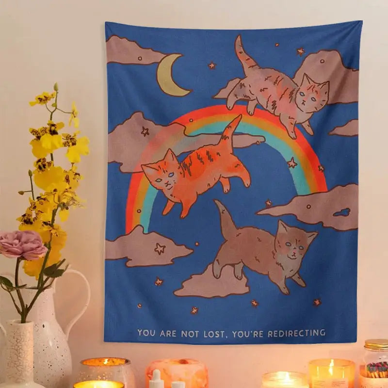 Celestial Rainbow Cat Tapestry