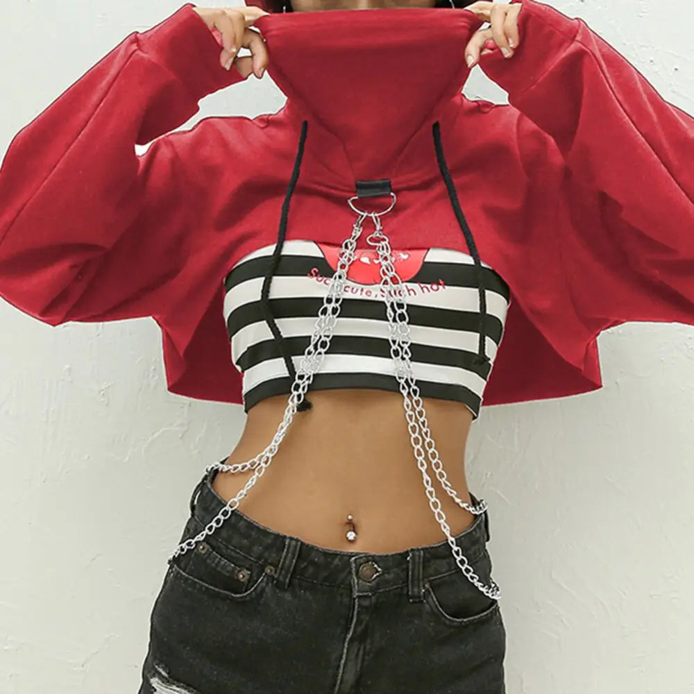 Chain Stitching Cut off Front Crop Tops