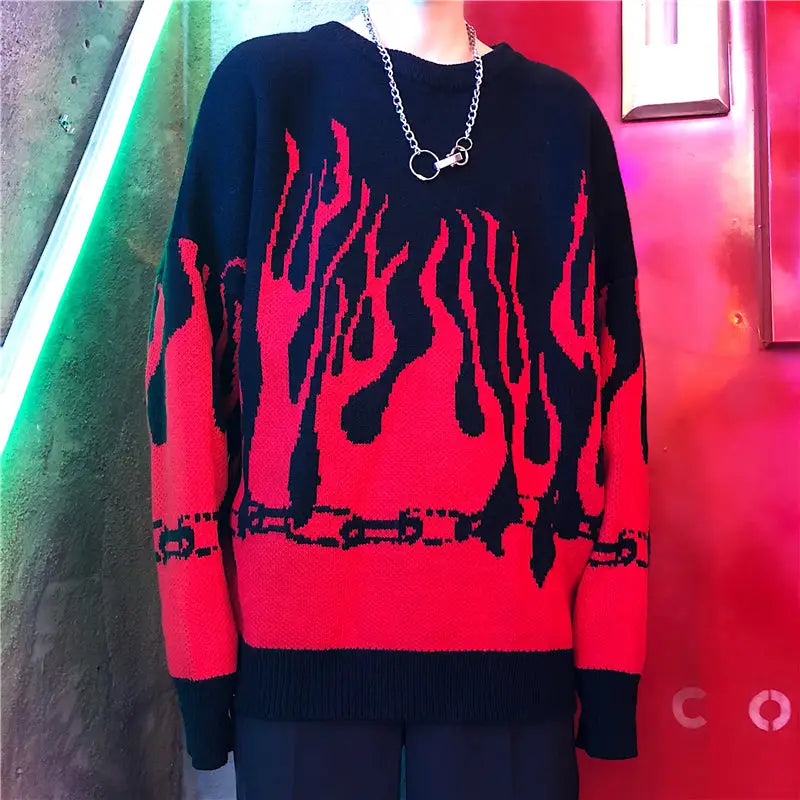 Chains Flame Knitted Sweater Urban Style