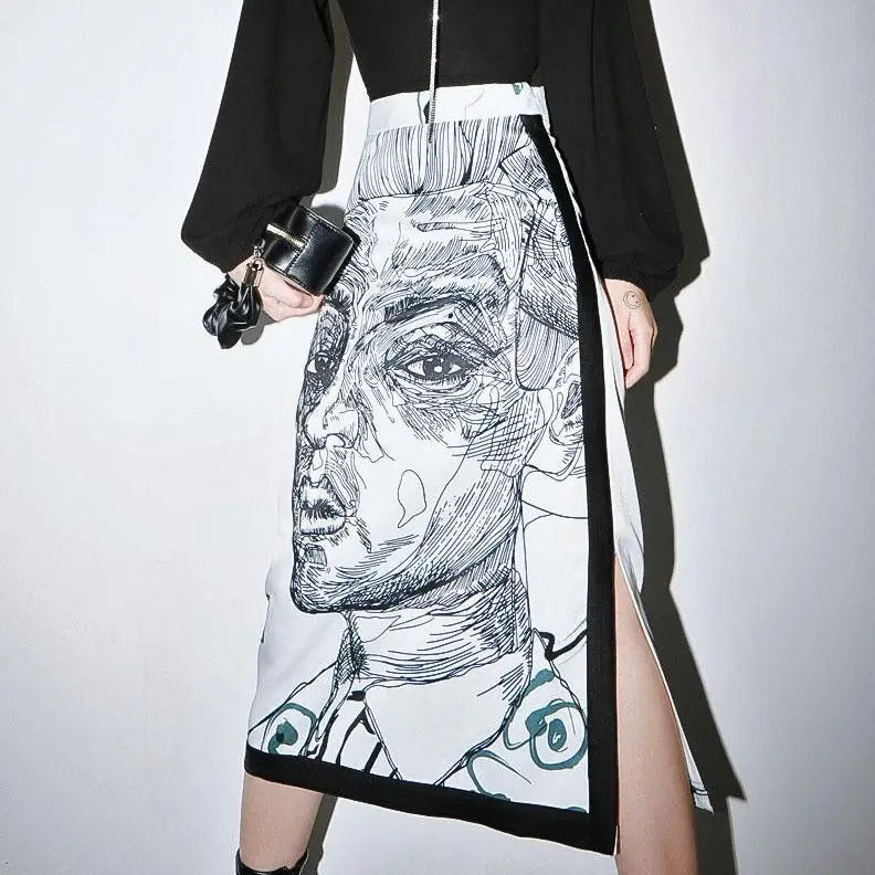 Character Print High Waist Vintage Skirt & Shirt