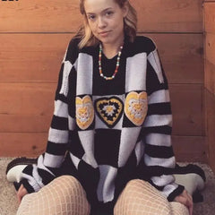 Checkerboard And Hearts Knit Sweater