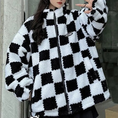 Checkerboard Double Sided PU Leather Jacket - Black / S