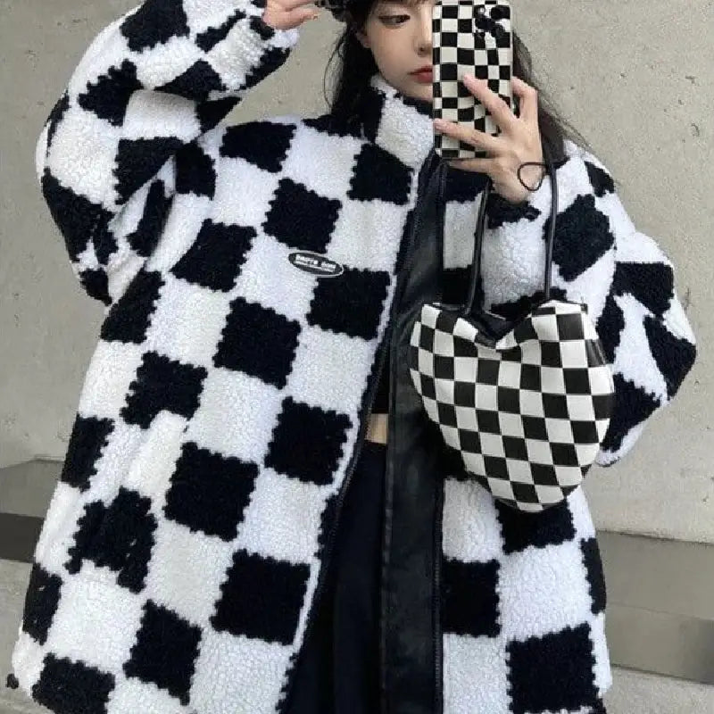 Checkerboard Double Sided PU Leather Jacket - Jackets