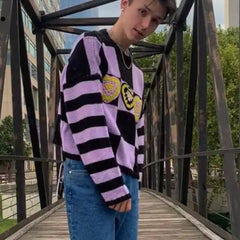 Checkerboard Hearts Knit Sweater Acrylic Cotton Pullover