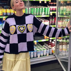 Checkerboard Hearts Knit Sweater Acrylic Cotton Pullover
