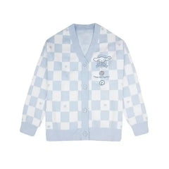 Checkered With Kawaii Embroidery Cardigan - Blue / S
