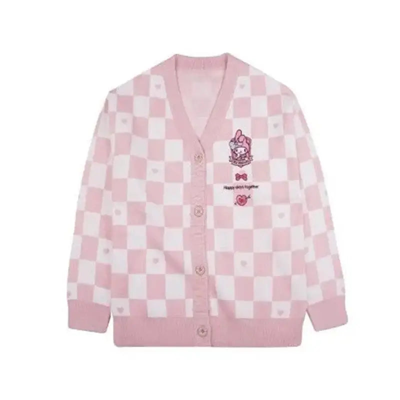 Checkered With Kawaii Embroidery Cardigan - Pink / S